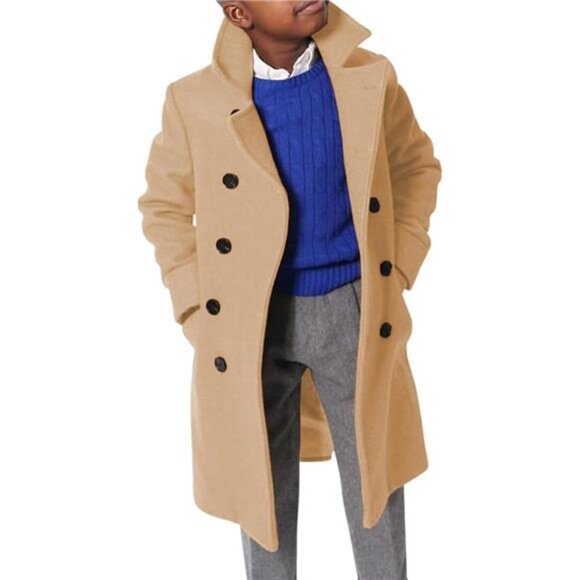 Boys Notch Lapel Double Breasted Jacket Long Trench Dress Coat Classic Peacoat - Picture 1 of 6